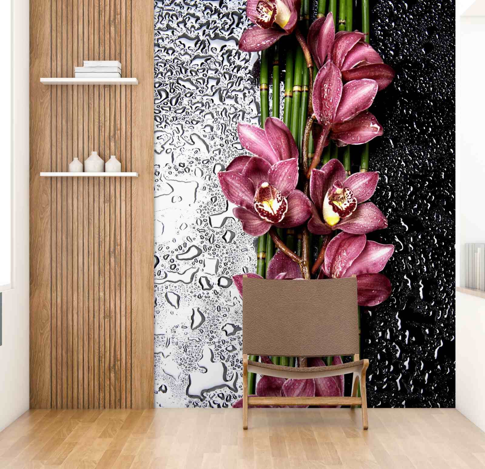 Fototapet podeaua umedă este decorată cu ramuri de flori delicate