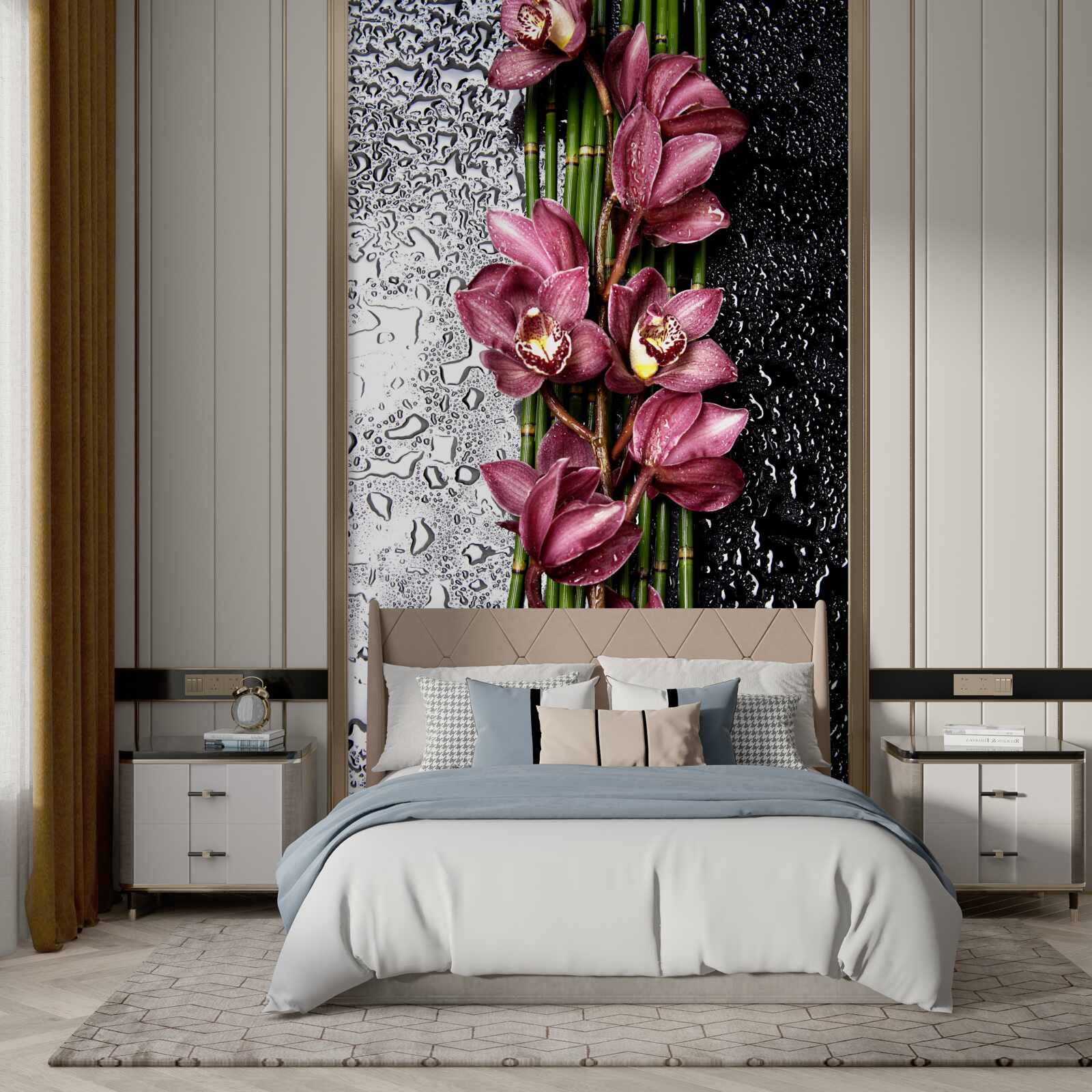 Fototapet podeaua umedă este decorată cu ramuri de flori delicate