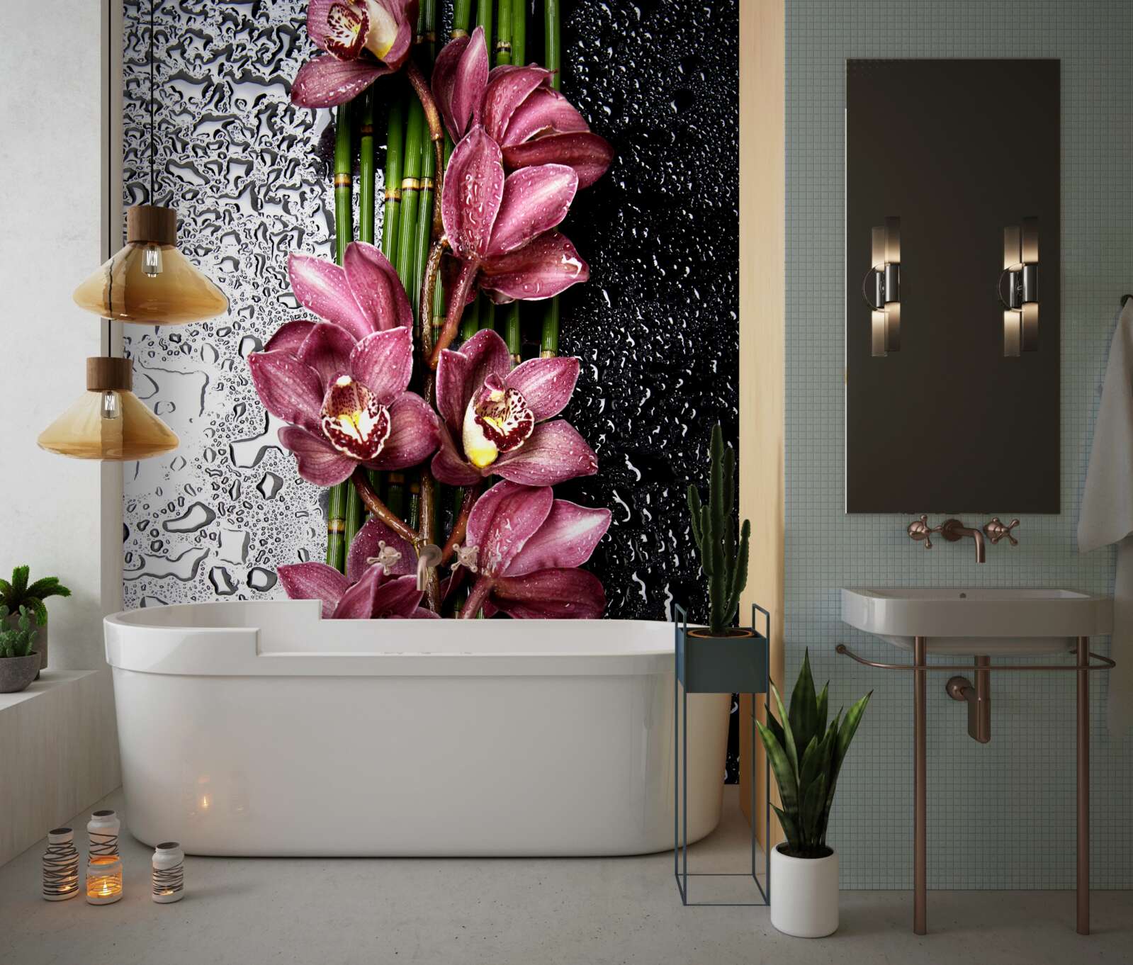 Fototapet podeaua umedă este decorată cu ramuri de flori delicate