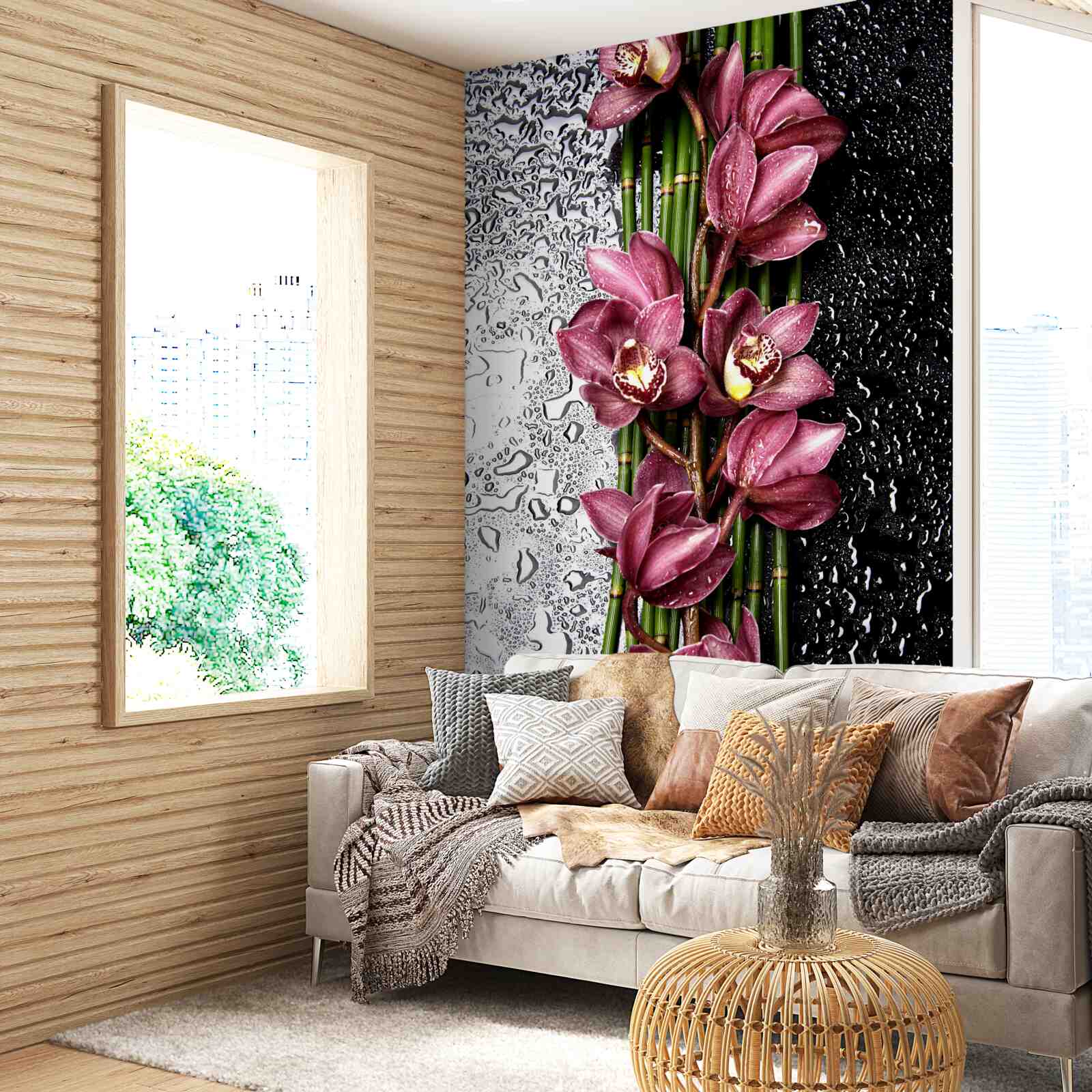 Fototapet podeaua umedă este decorată cu ramuri de flori delicate