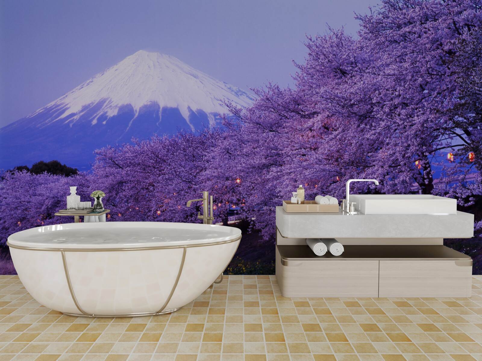 Fototapet florile de liliac de la poalele muntelui cresc aproape de apă