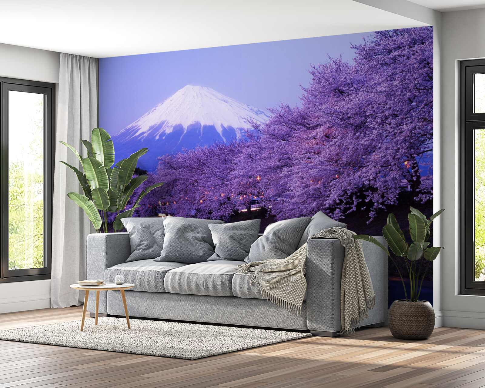 Fototapet florile de liliac de la poalele muntelui cresc aproape de apă