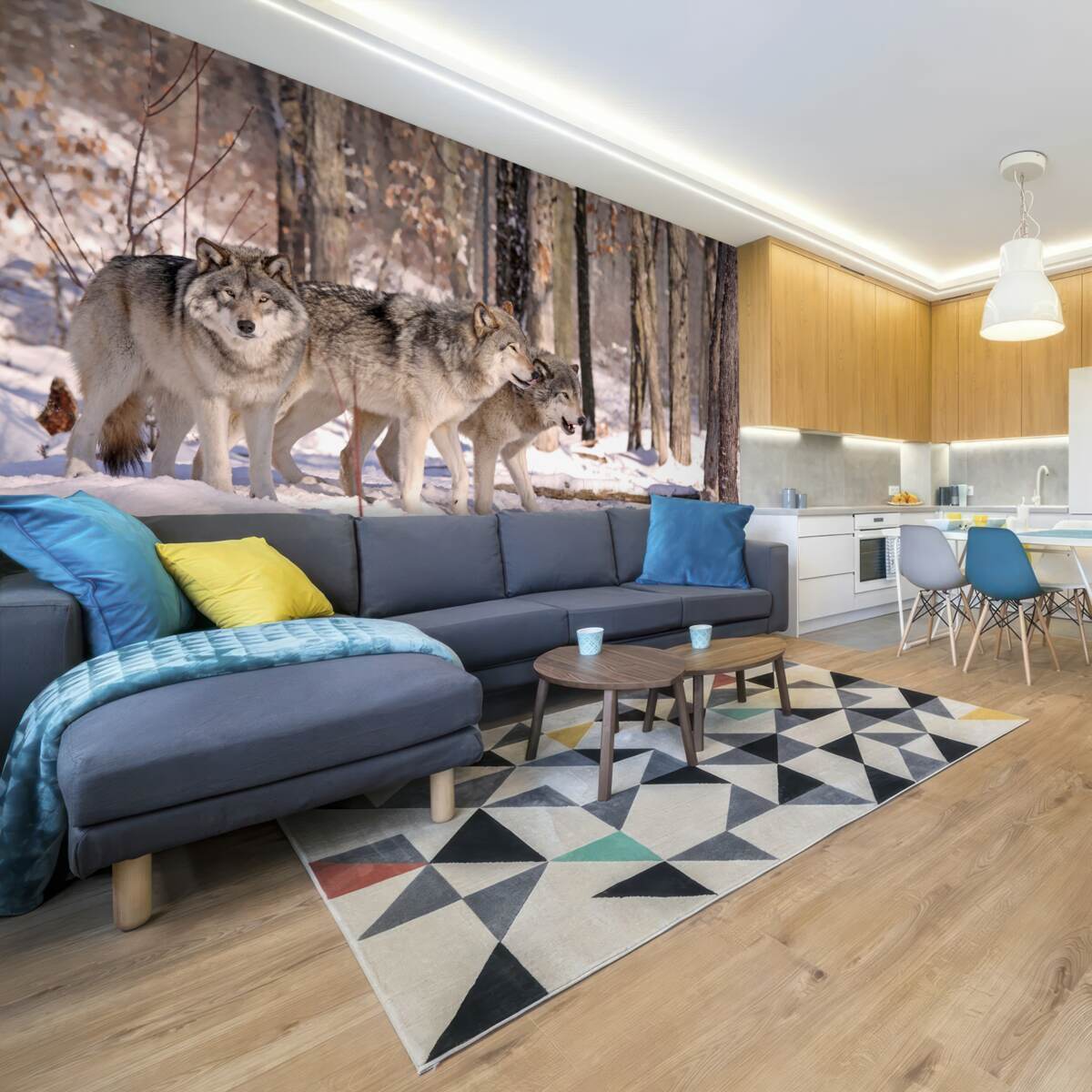 Fototapet un grup de lupi se plimbă prin desișul unei păduri de iarnă