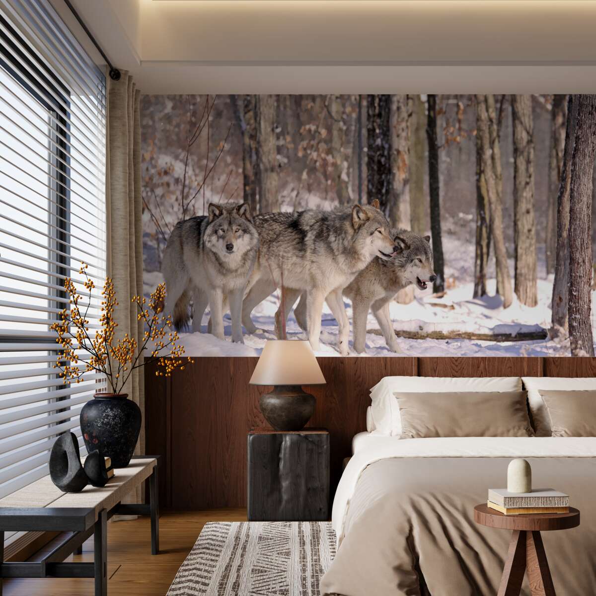 Fototapet un grup de lupi se plimbă prin desișul unei păduri de iarnă