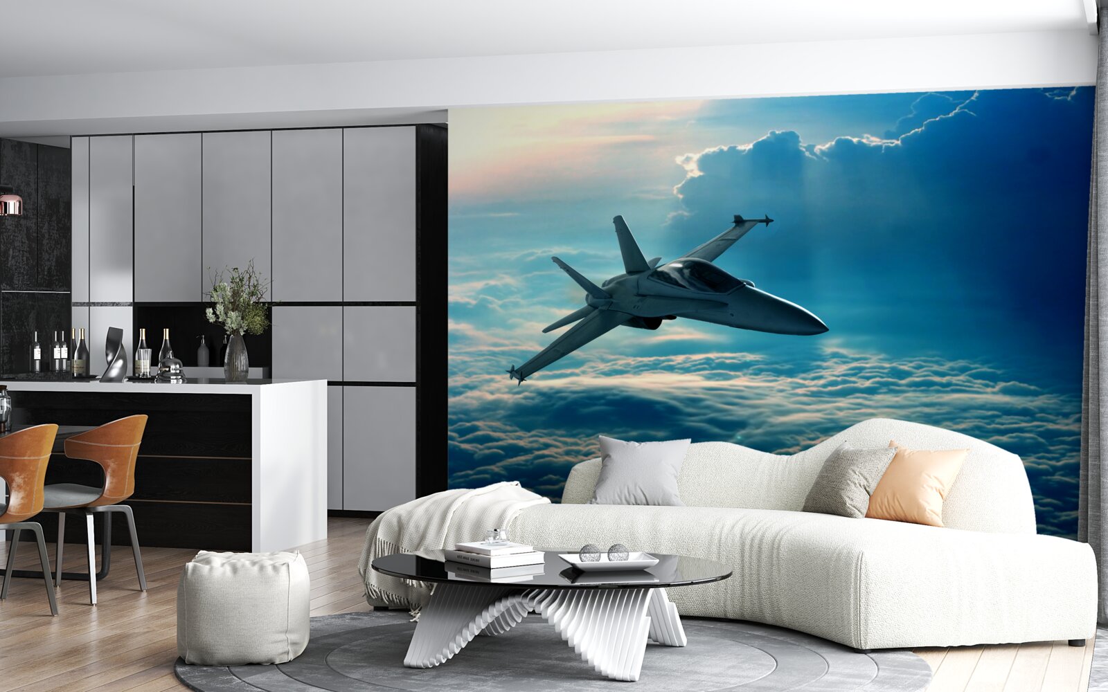 Fototapet avion de vânătoare care trece prin nori