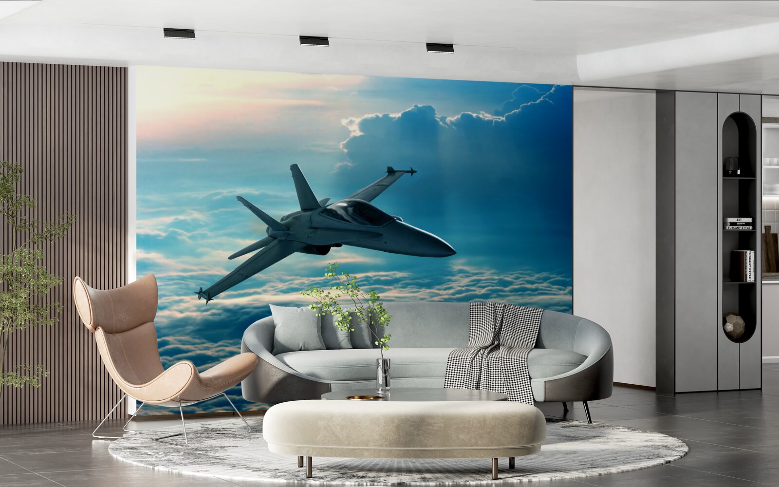 Fototapet avion de vânătoare care trece prin nori