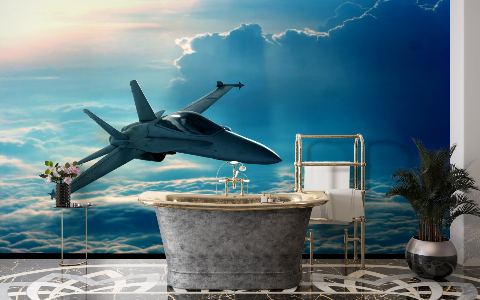 Fototapet avion de vânătoare care trece prin nori