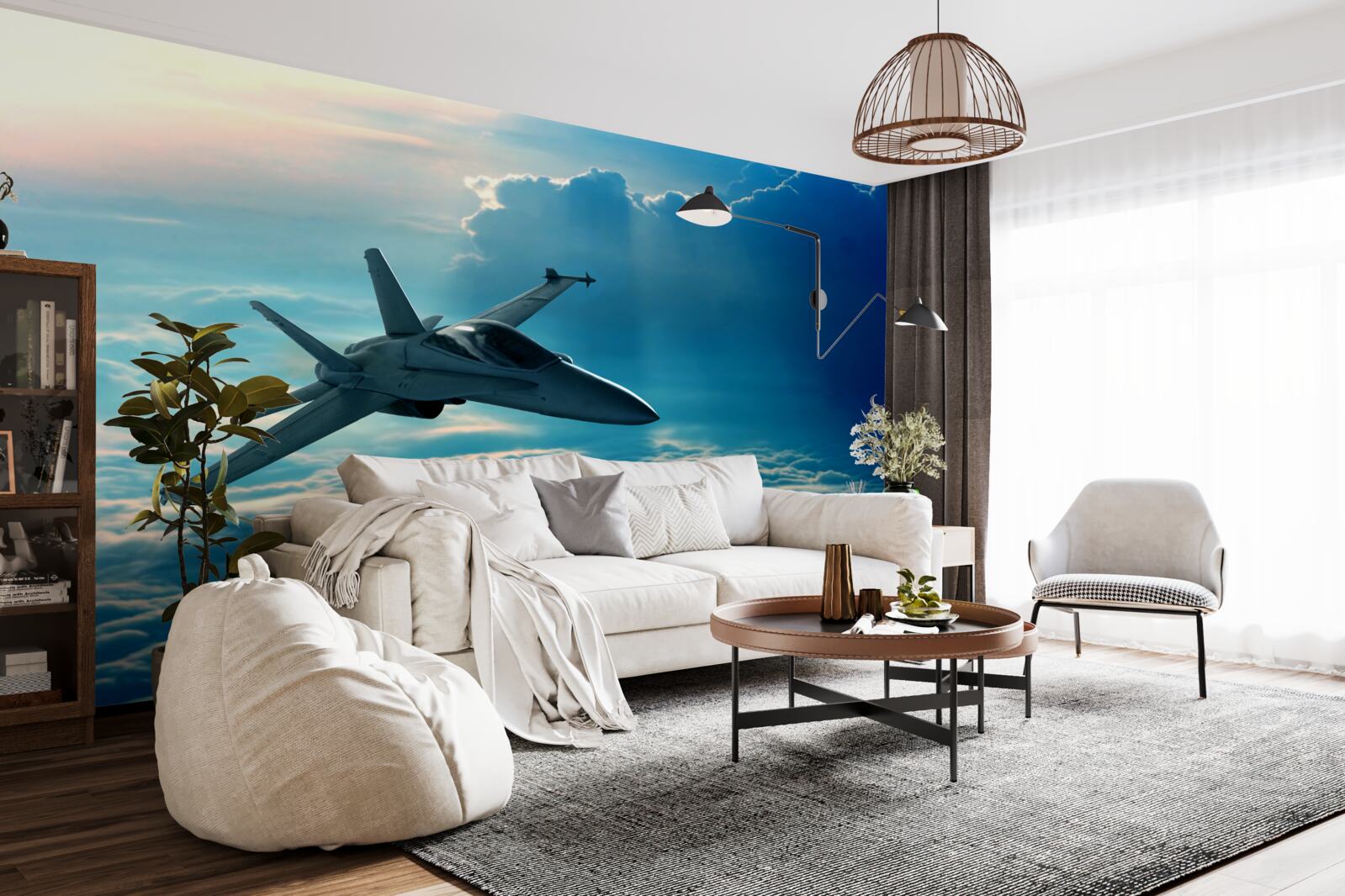 Fototapet avion de vânătoare care trece prin nori