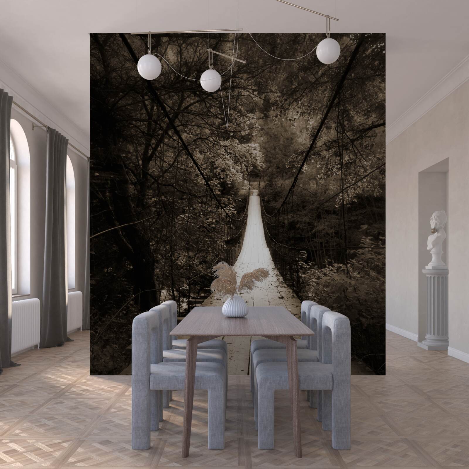 Fototapet pod de lemn care leagă iazul din zona forestieră