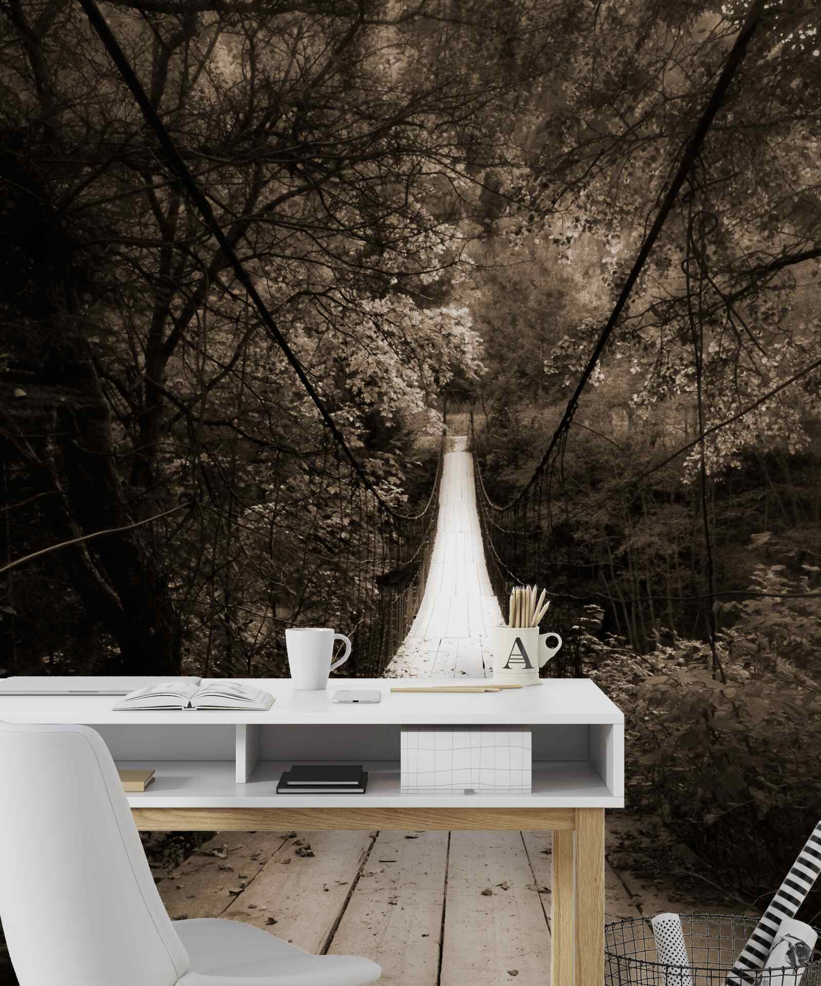 Fototapet pod de lemn care leagă iazul din zona forestieră