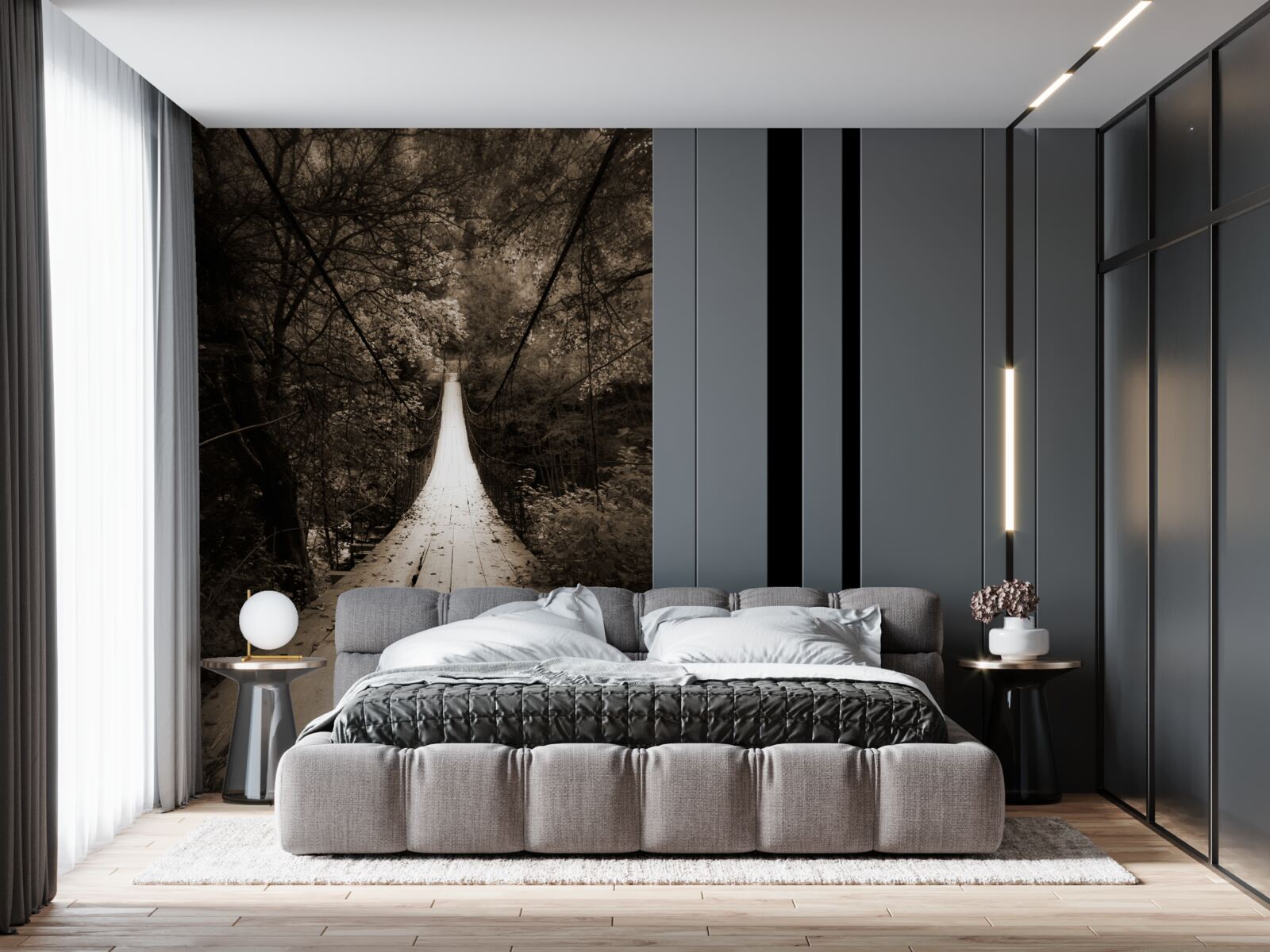 Fototapet pod de lemn care leagă iazul din zona forestieră