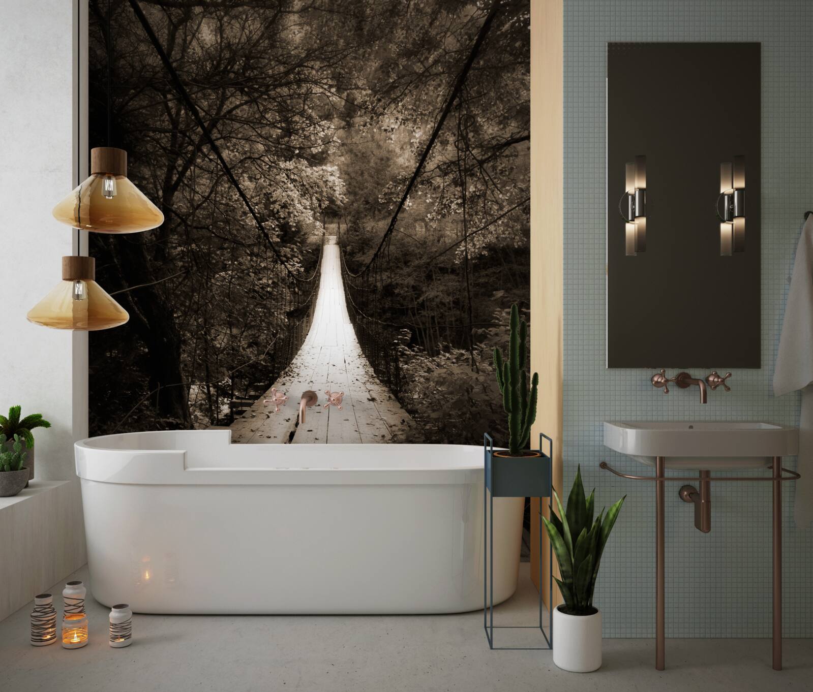 Fototapet pod de lemn care leagă iazul din zona forestieră