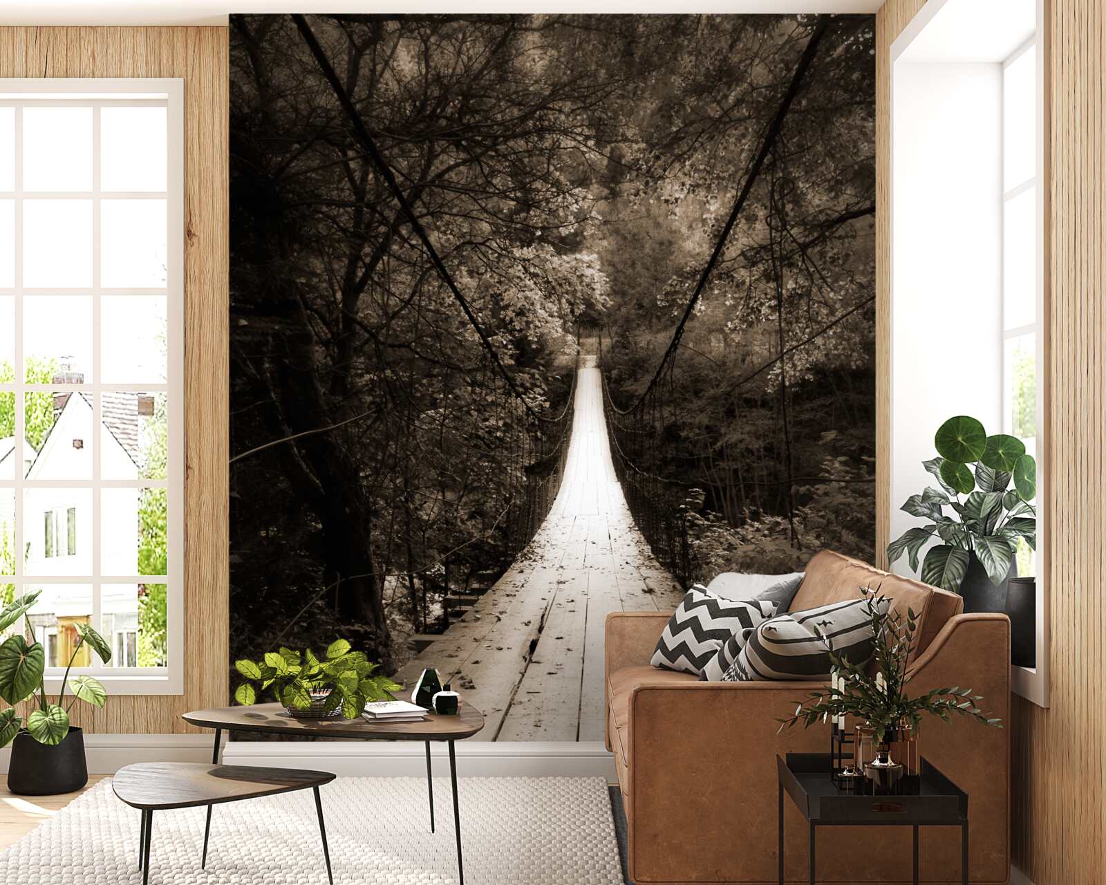 Fototapet pod de lemn care leagă iazul din zona forestieră