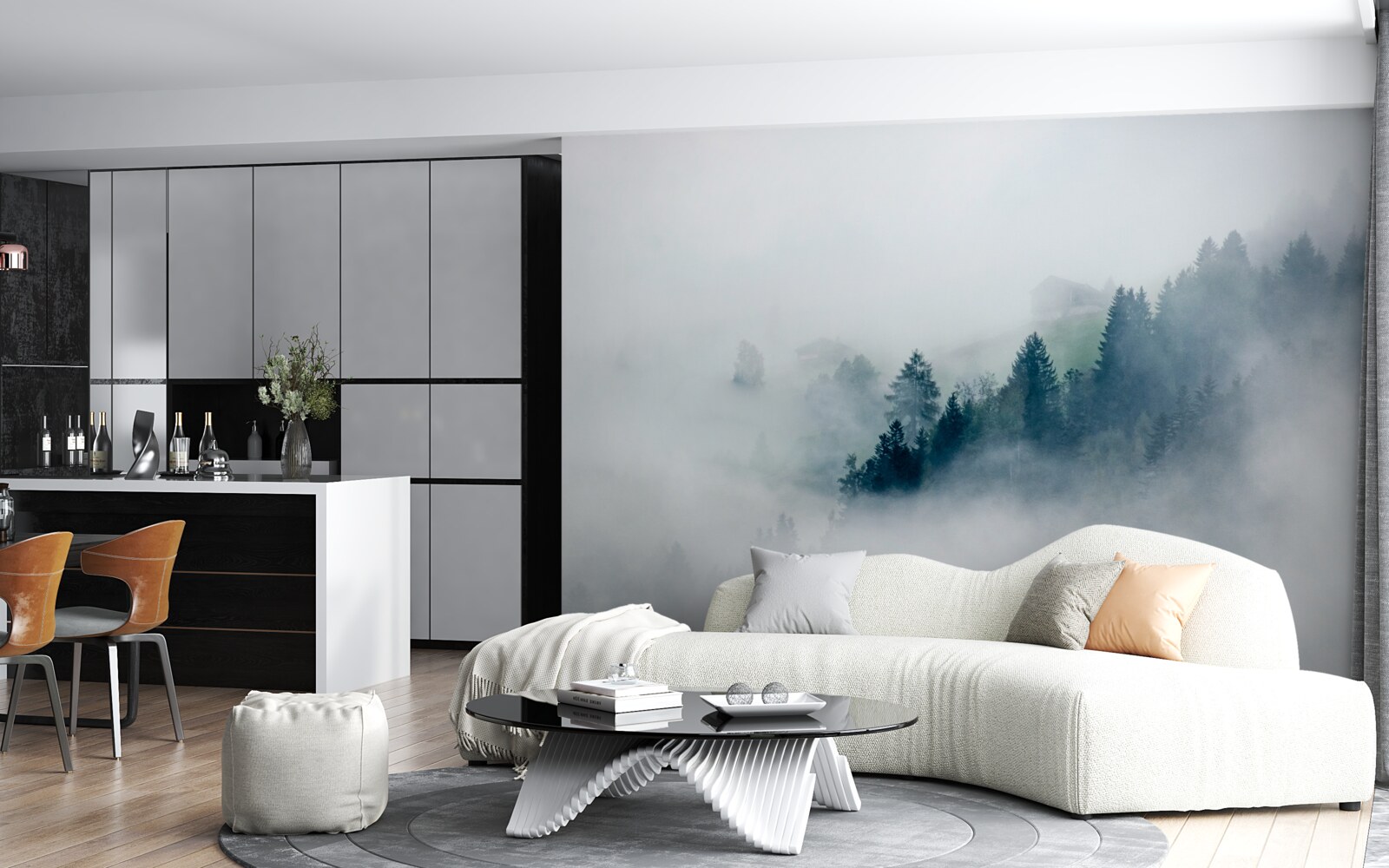 Fototapet marginea pădurii este învăluită în ceață