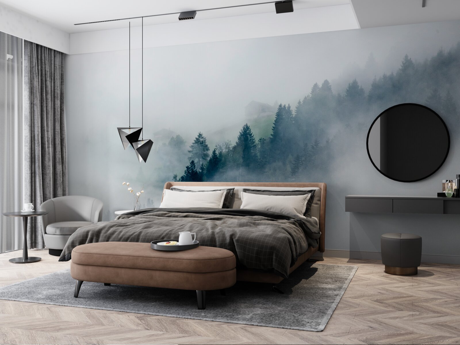 Fototapet marginea pădurii este învăluită în ceață