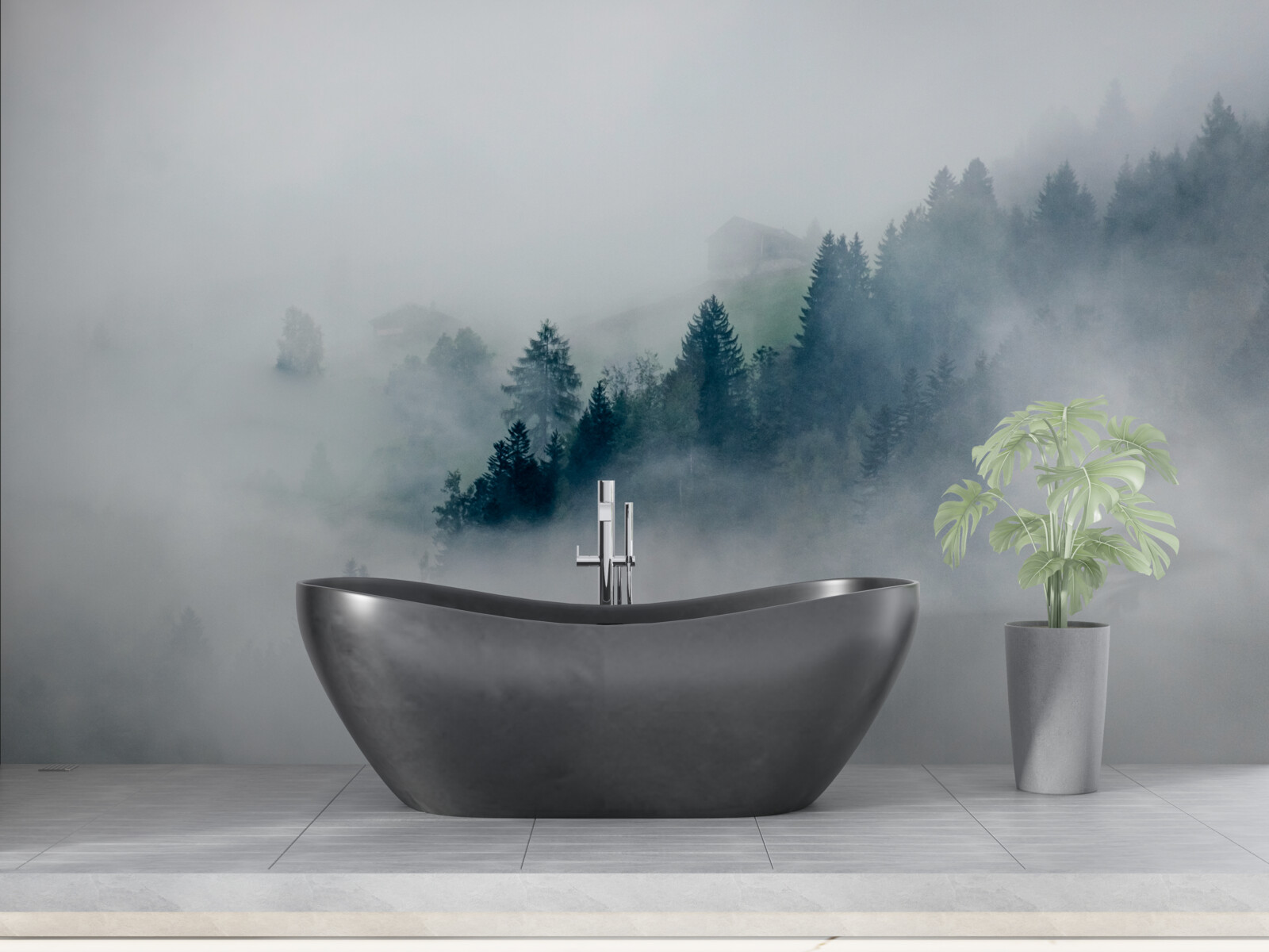 Fototapet marginea pădurii este învăluită în ceață