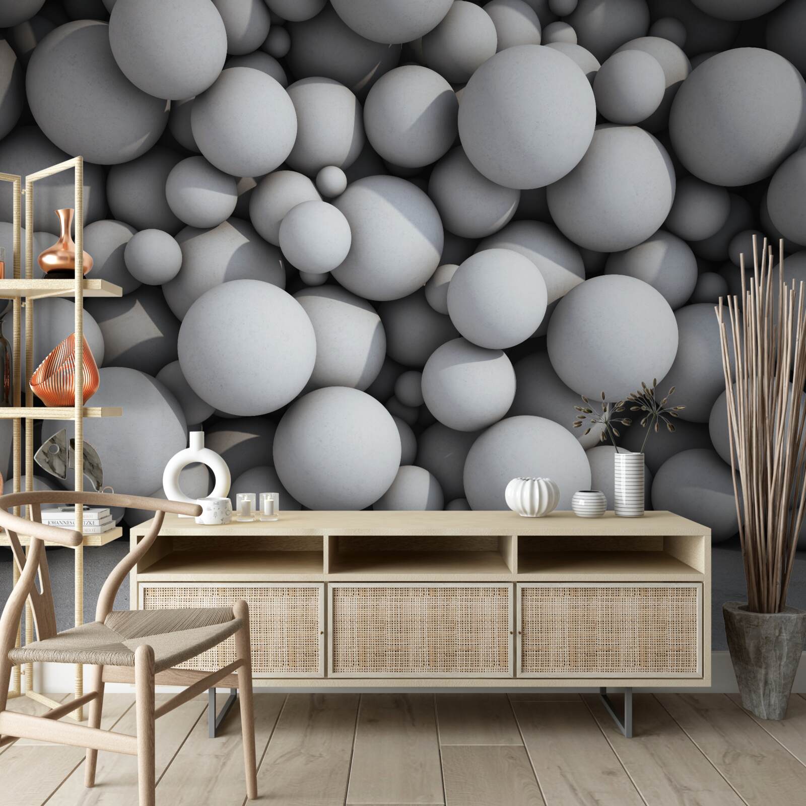 Fototapet o barieră de bile argintii care plutesc în aer