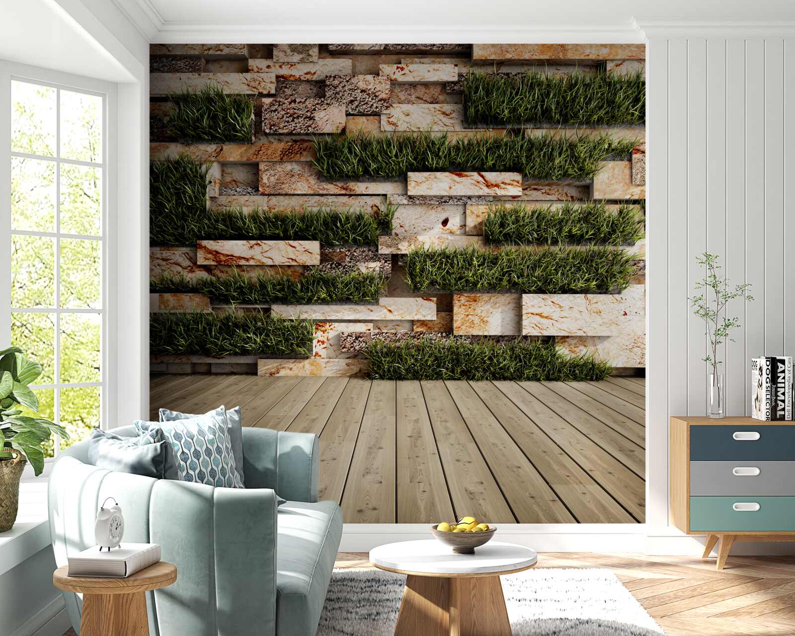Fototapet perete de piatră decorat cu plante verzi