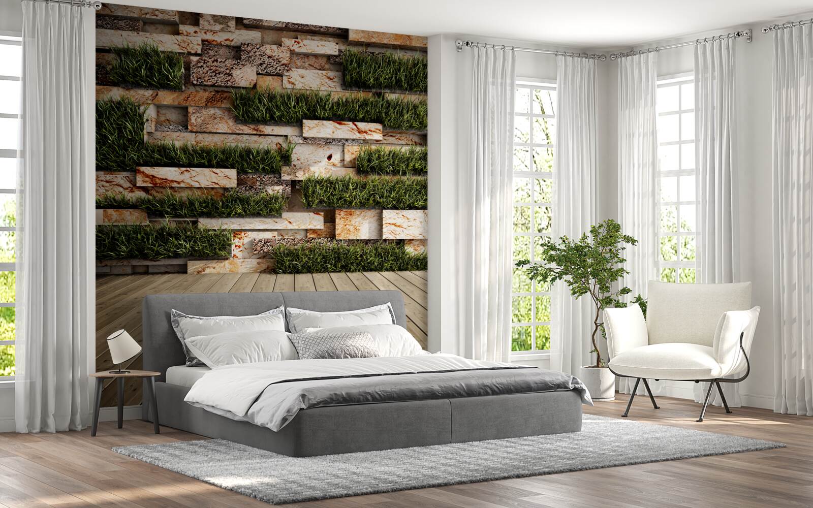 Fototapet perete de piatră decorat cu plante verzi