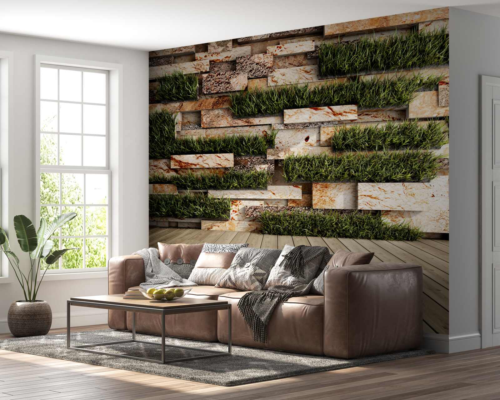 Fototapet perete de piatră decorat cu plante verzi