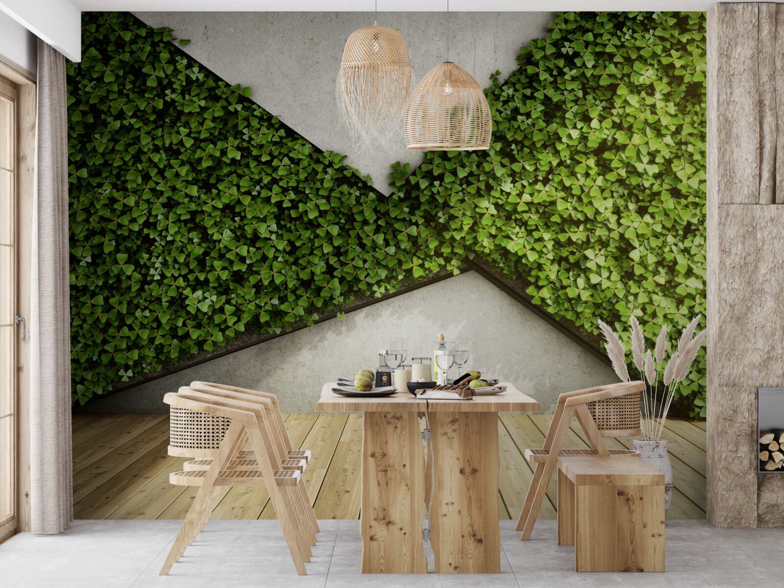 Fototapet parchet și perete decorat cu plante vii