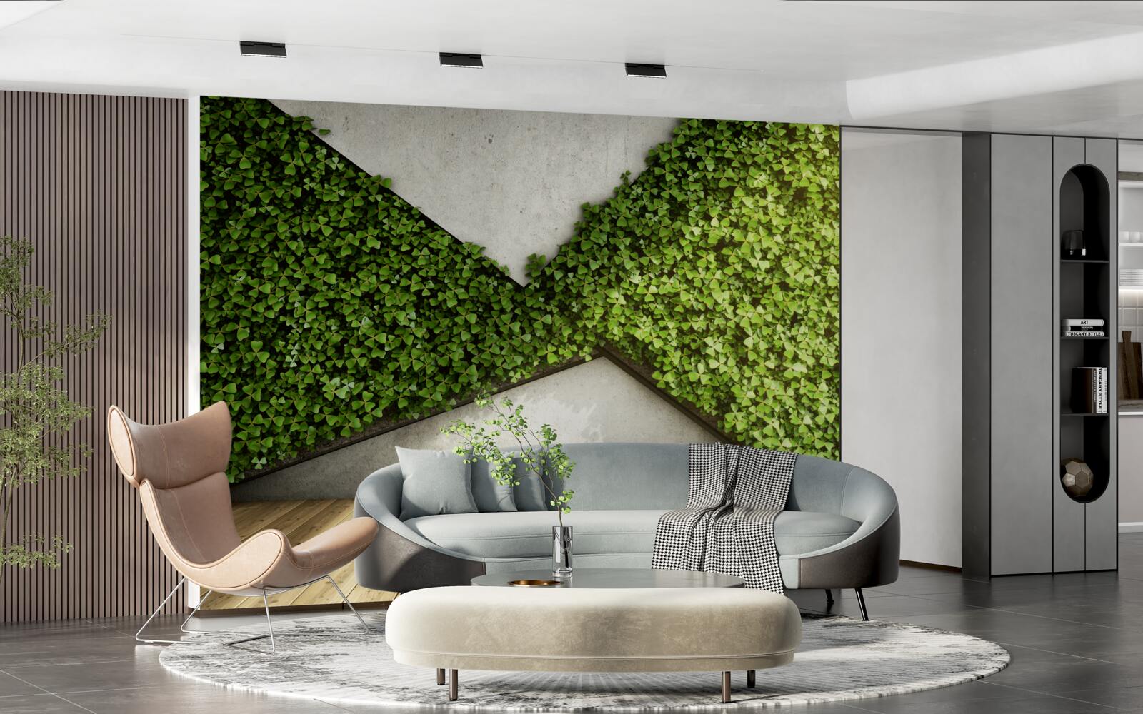 Fototapet parchet și perete decorat cu plante vii