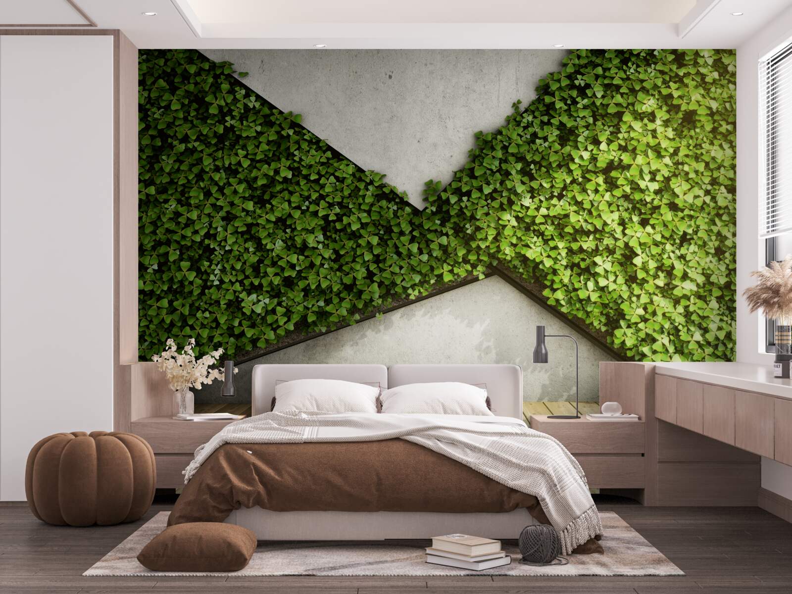 Fototapet parchet și perete decorat cu plante vii