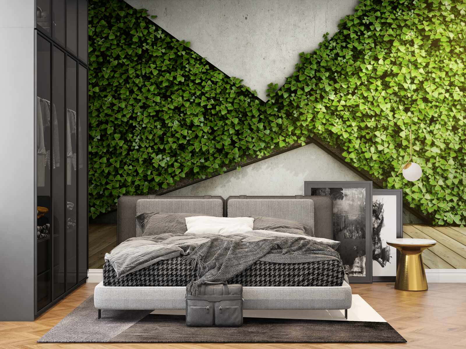 Fototapet parchet și perete decorat cu plante vii