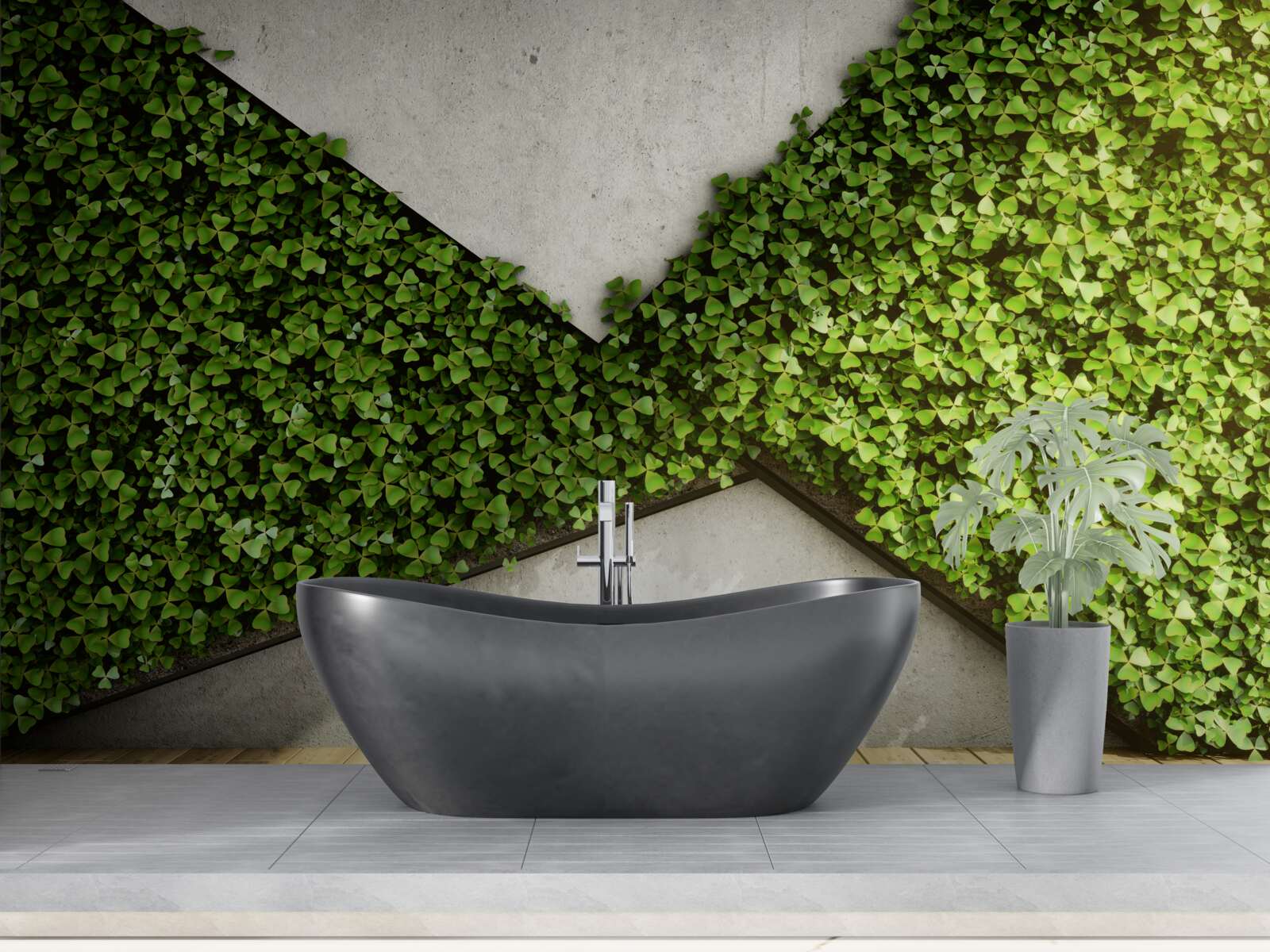 Fototapet parchet și perete decorat cu plante vii