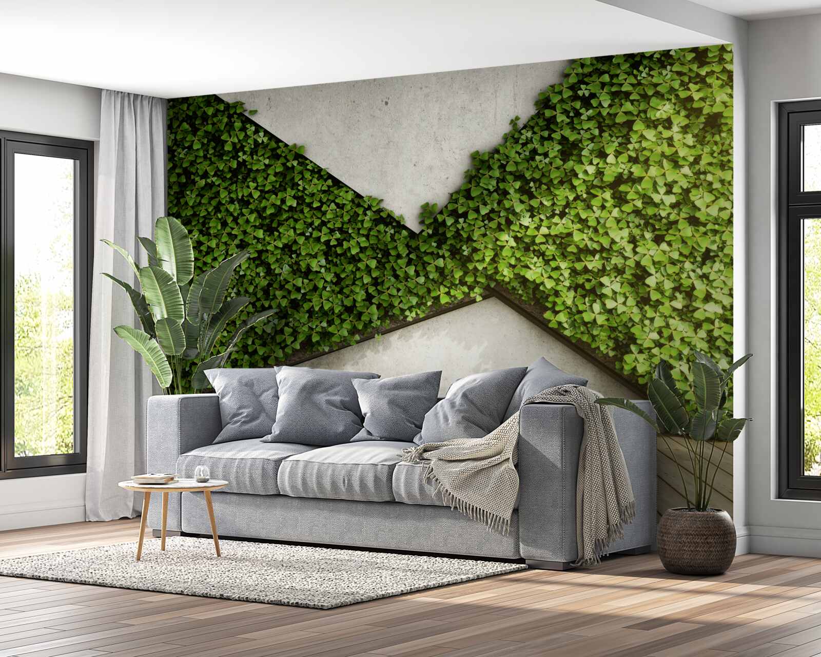 Fototapet parchet și perete decorat cu plante vii