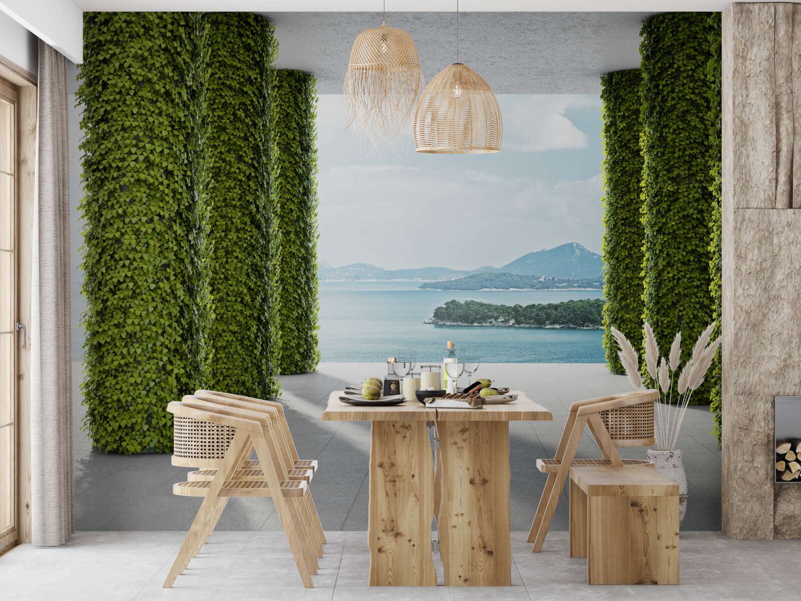 Fototapet colonadă printre verdeață care duce la mare