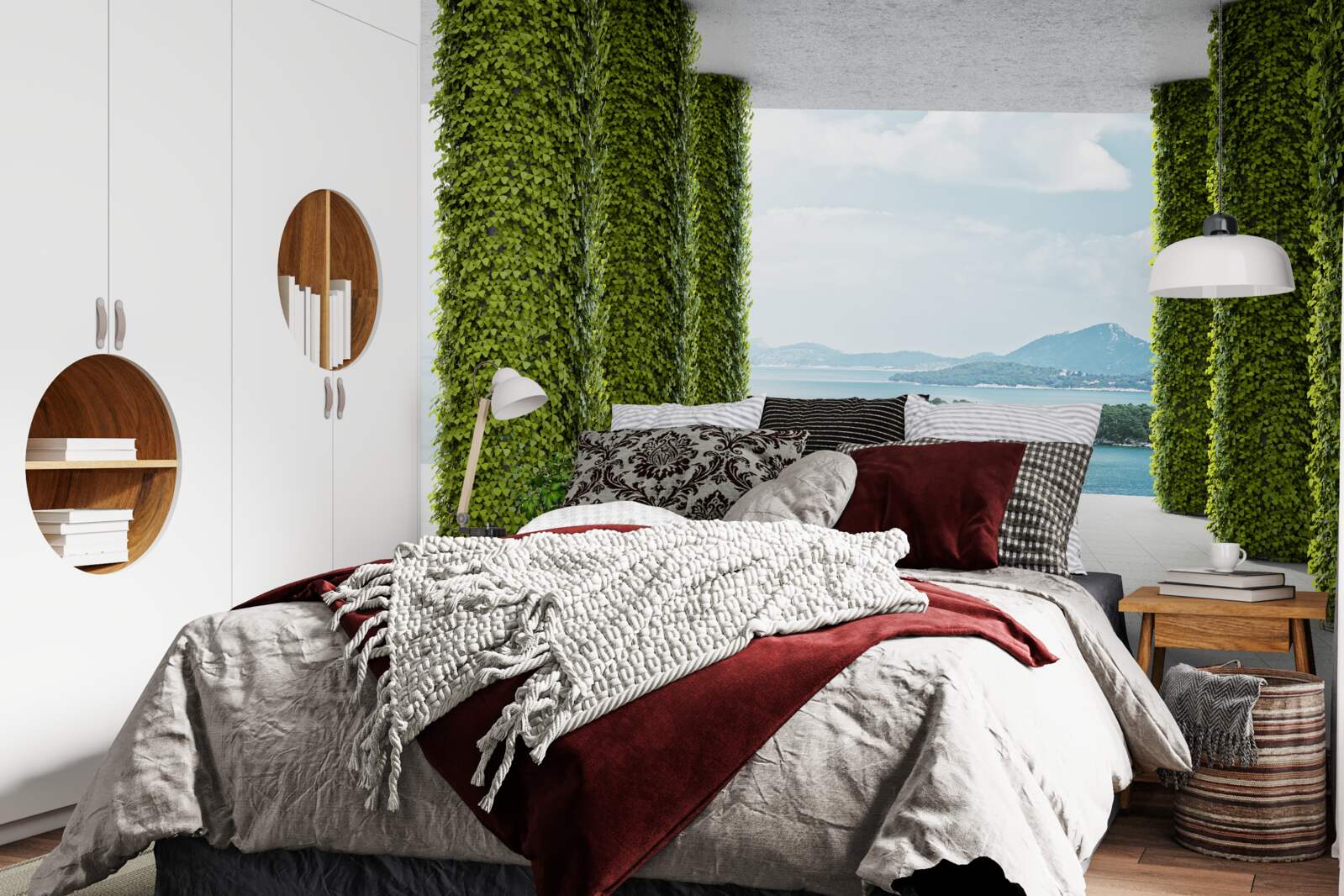 Fototapet colonadă printre verdeață care duce la mare