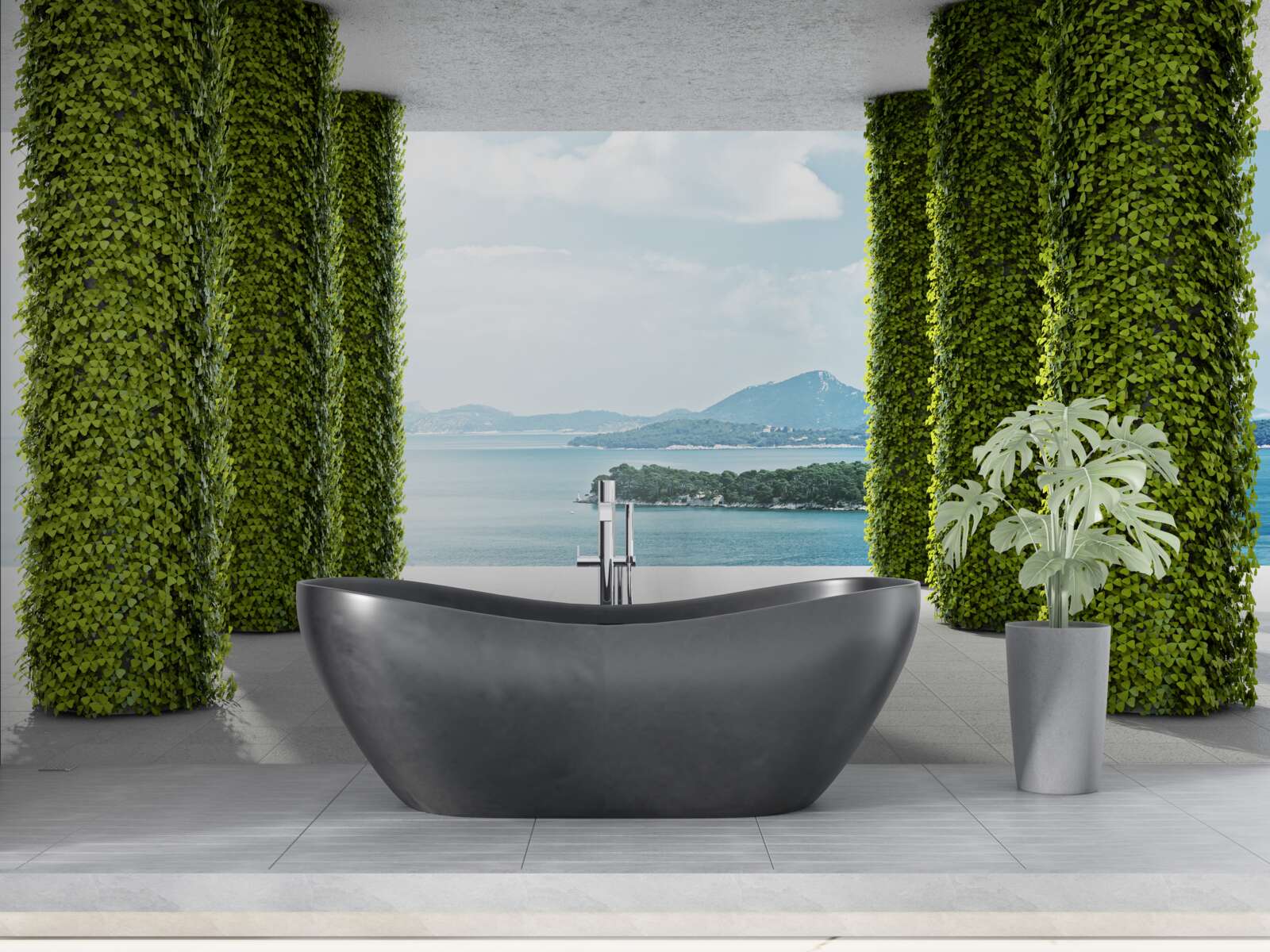 Fototapet colonadă printre verdeață care duce la mare