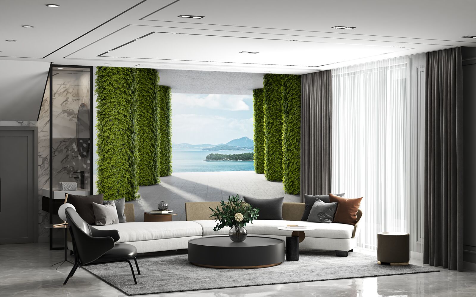 Fototapet colonadă printre verdeață care duce la mare