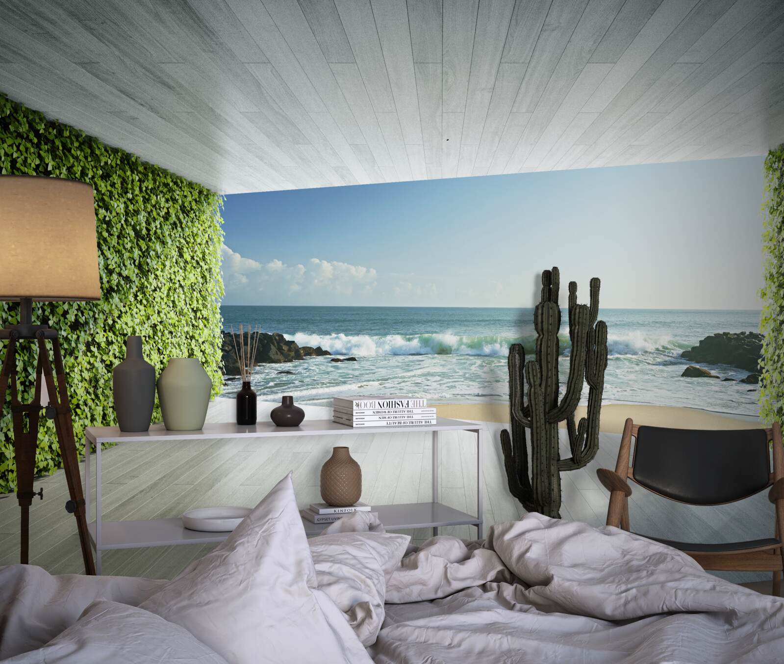 Fototapet balcon elegant în nuanțe de verde cu vedere la coastă