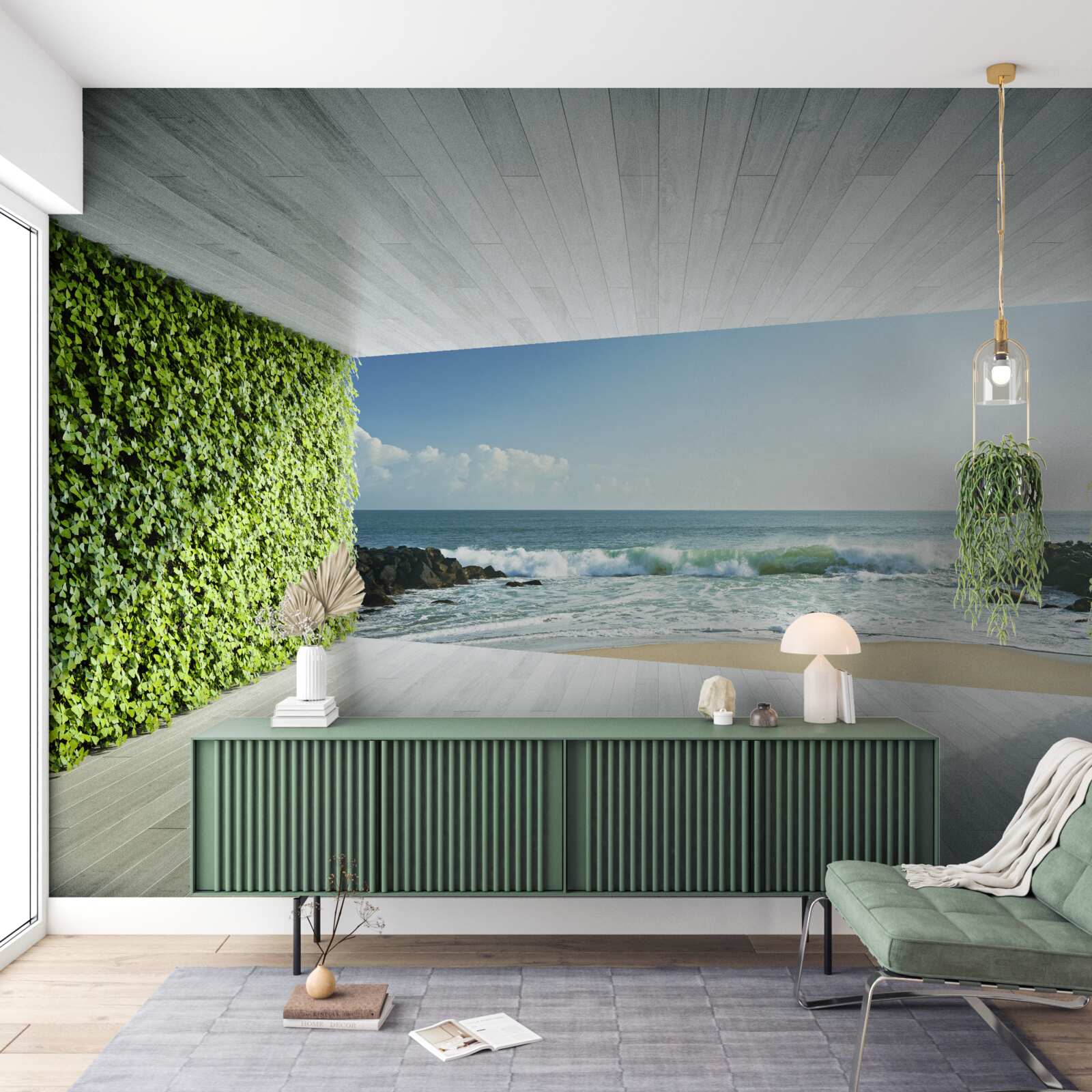 Fototapet balcon elegant în nuanțe de verde cu vedere la coastă