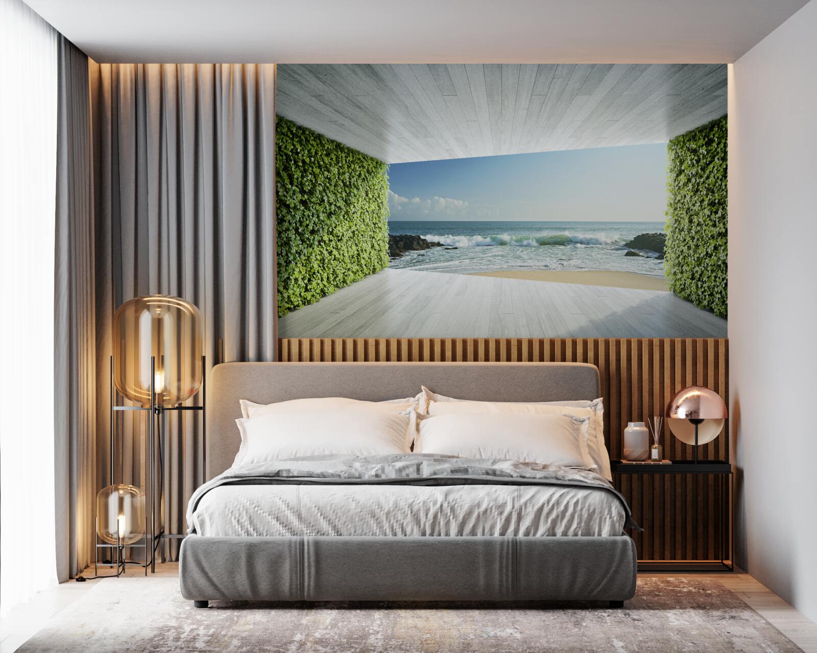 Fototapet balcon elegant în nuanțe de verde cu vedere la coastă