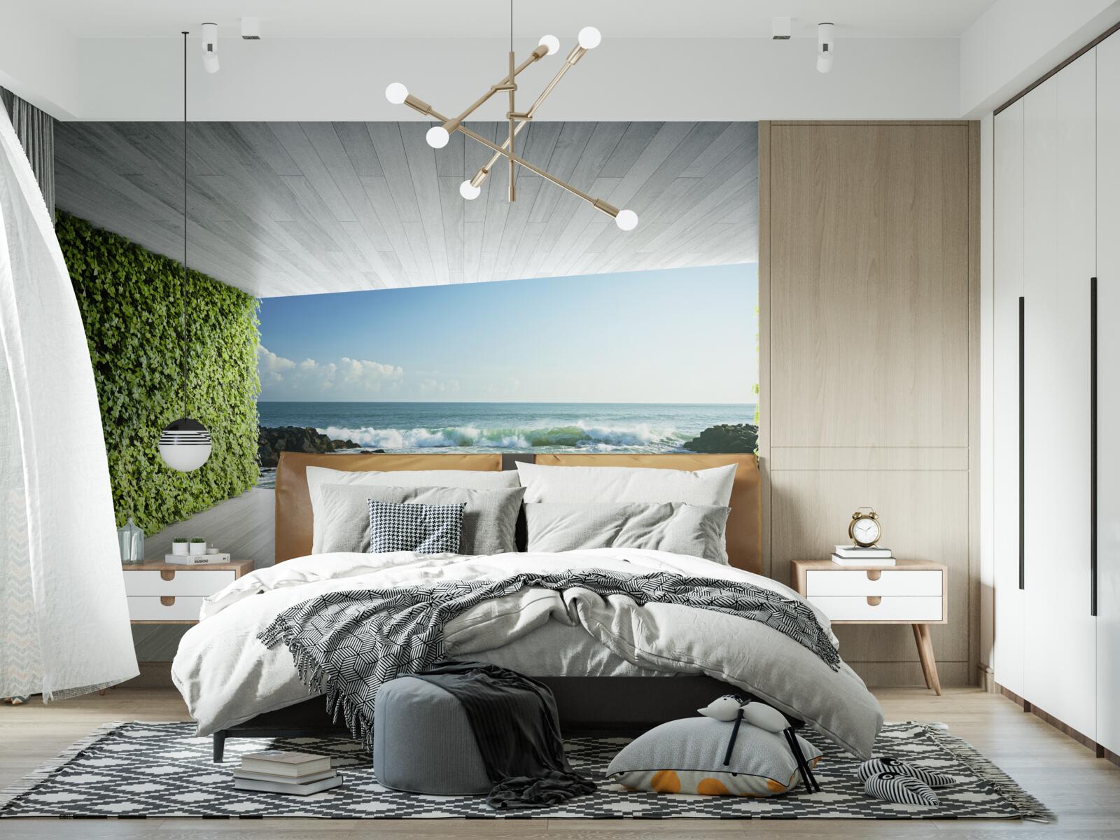 Fototapet balcon elegant în nuanțe de verde cu vedere la coastă