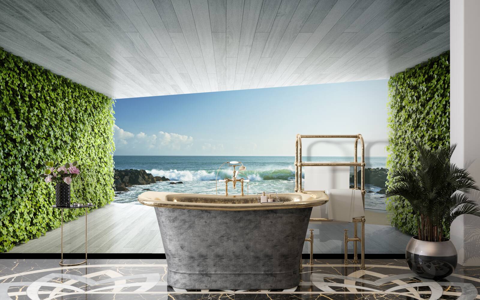 Fototapet balcon elegant în nuanțe de verde cu vedere la coastă