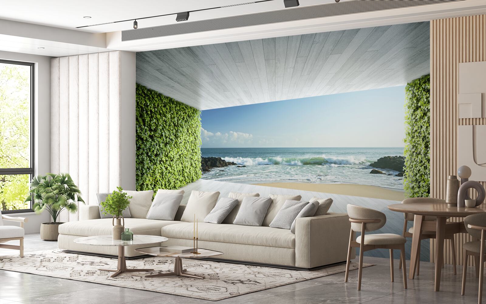 Fototapet balcon elegant în nuanțe de verde cu vedere la coastă