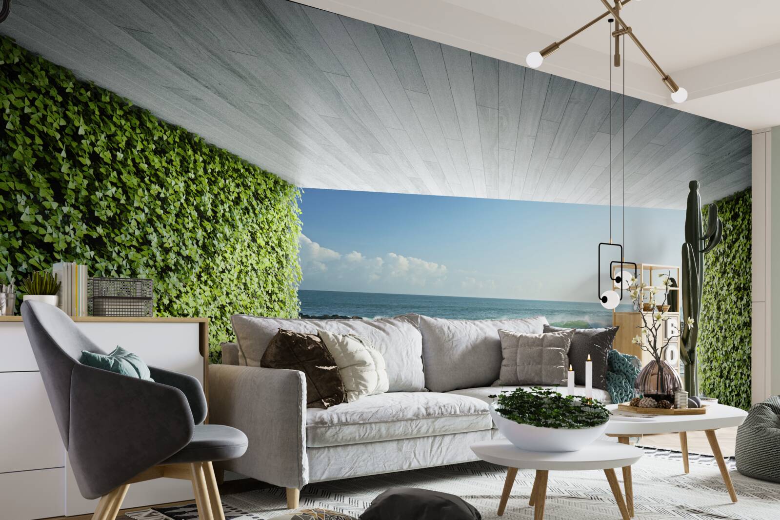 Fototapet balcon elegant în nuanțe de verde cu vedere la coastă