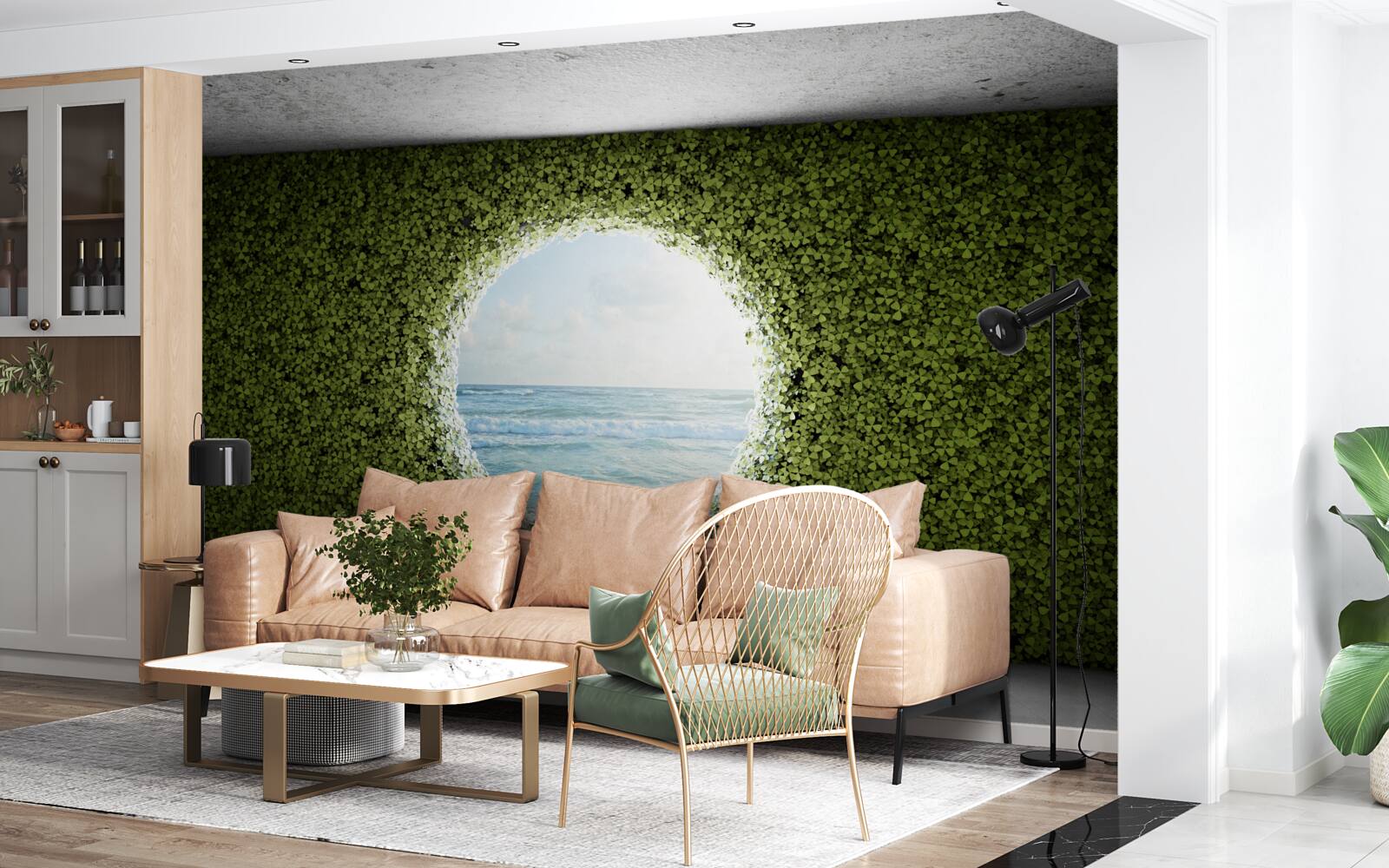 Fototapet Perete de plante verzi cu o deschidere circulară