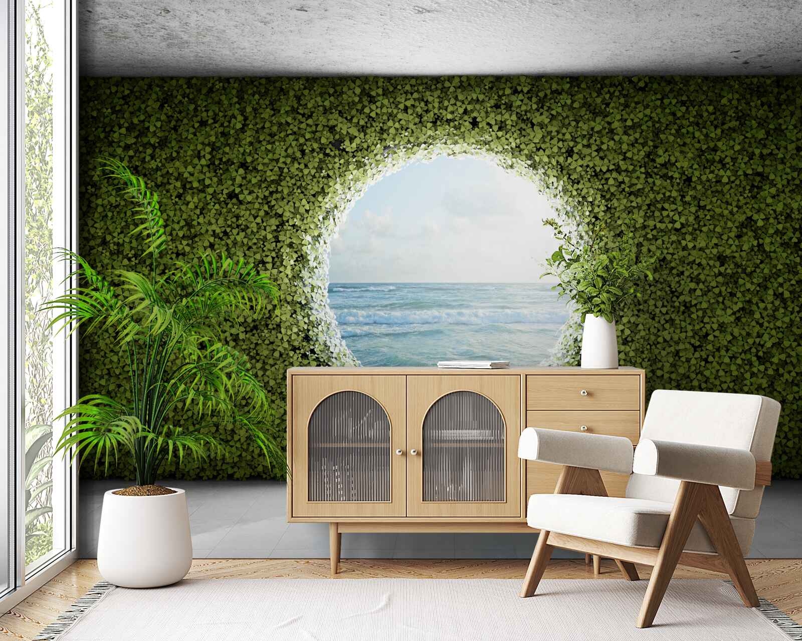 Fototapet Perete de plante verzi cu o deschidere circulară