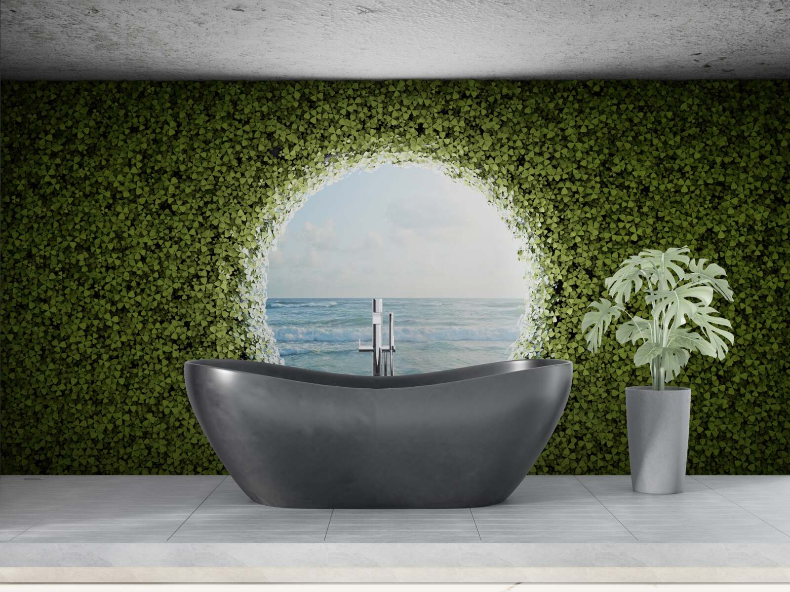 Fototapet Perete de plante verzi cu o deschidere circulară