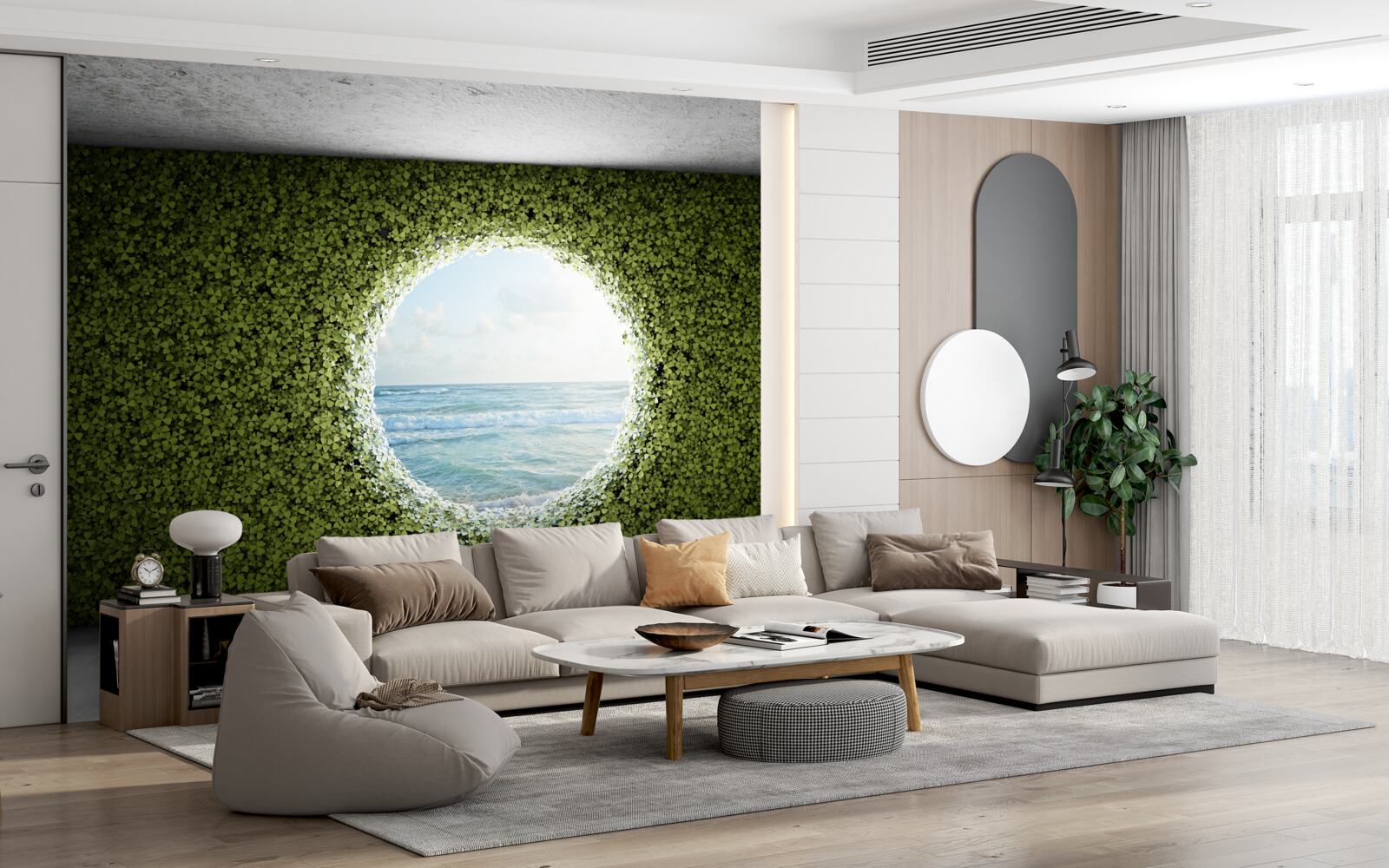 Fototapet Perete de plante verzi cu o deschidere circulară