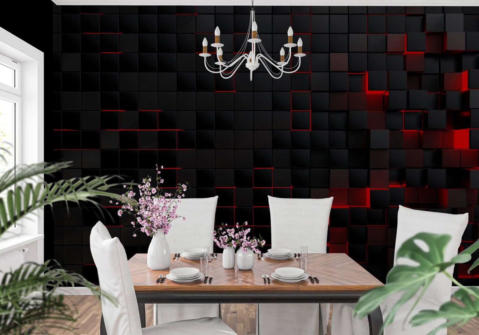 Fototapet perete negru texturat iluminat cu lumină roșie și decorat cu pătrate