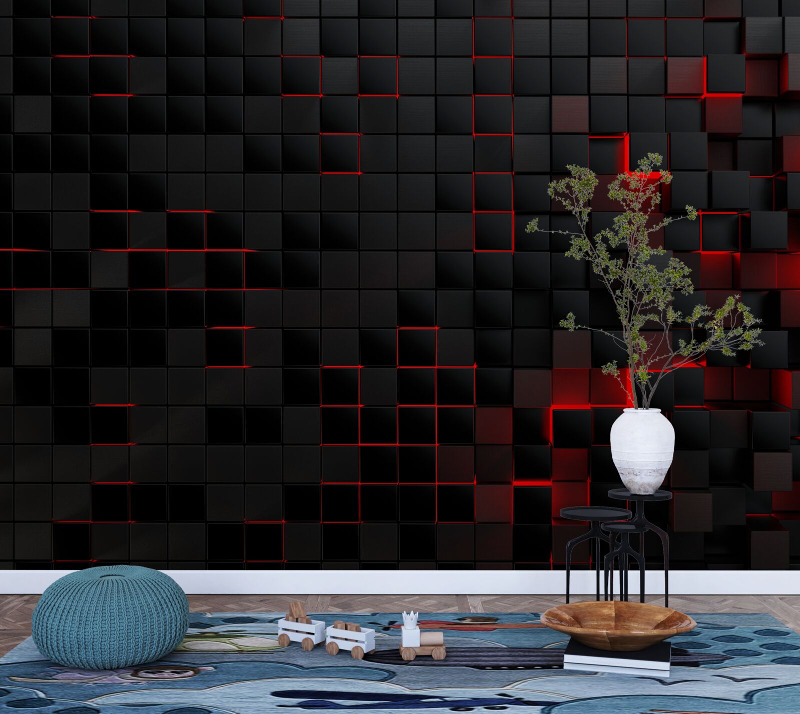 Fototapet perete negru texturat iluminat cu lumină roșie și decorat cu pătrate