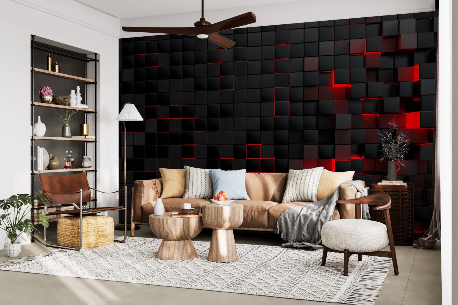 Fototapet perete negru texturat iluminat cu lumină roșie și decorat cu pătrate