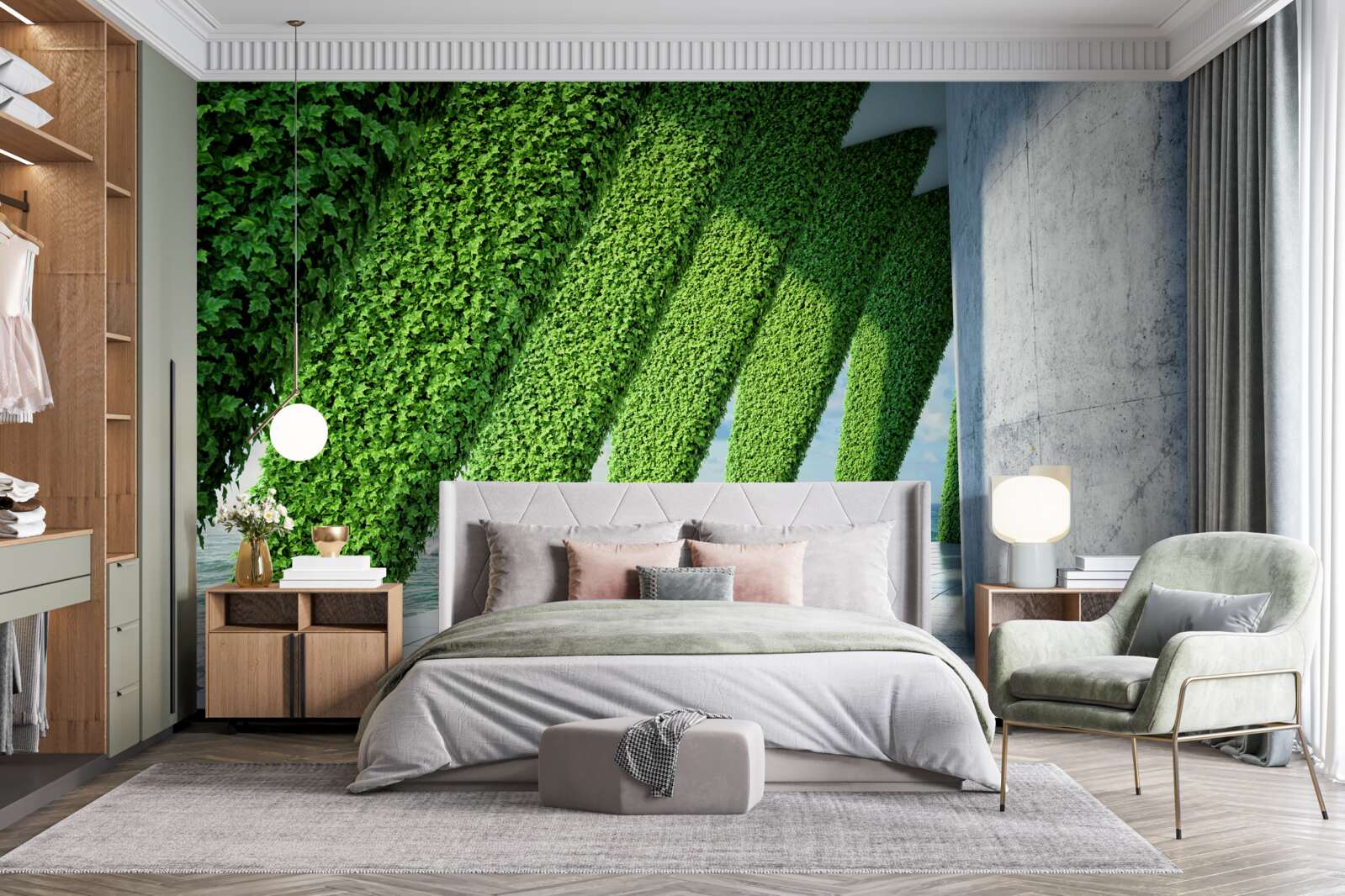 Fototapet există plante verzi pe stâlpii din coridor