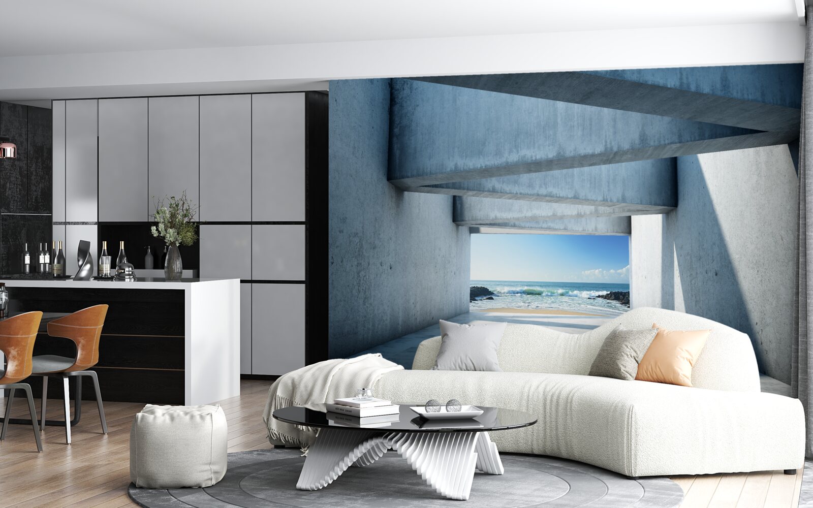 Fototapet tunel cu podea formată din stâlpi de beton